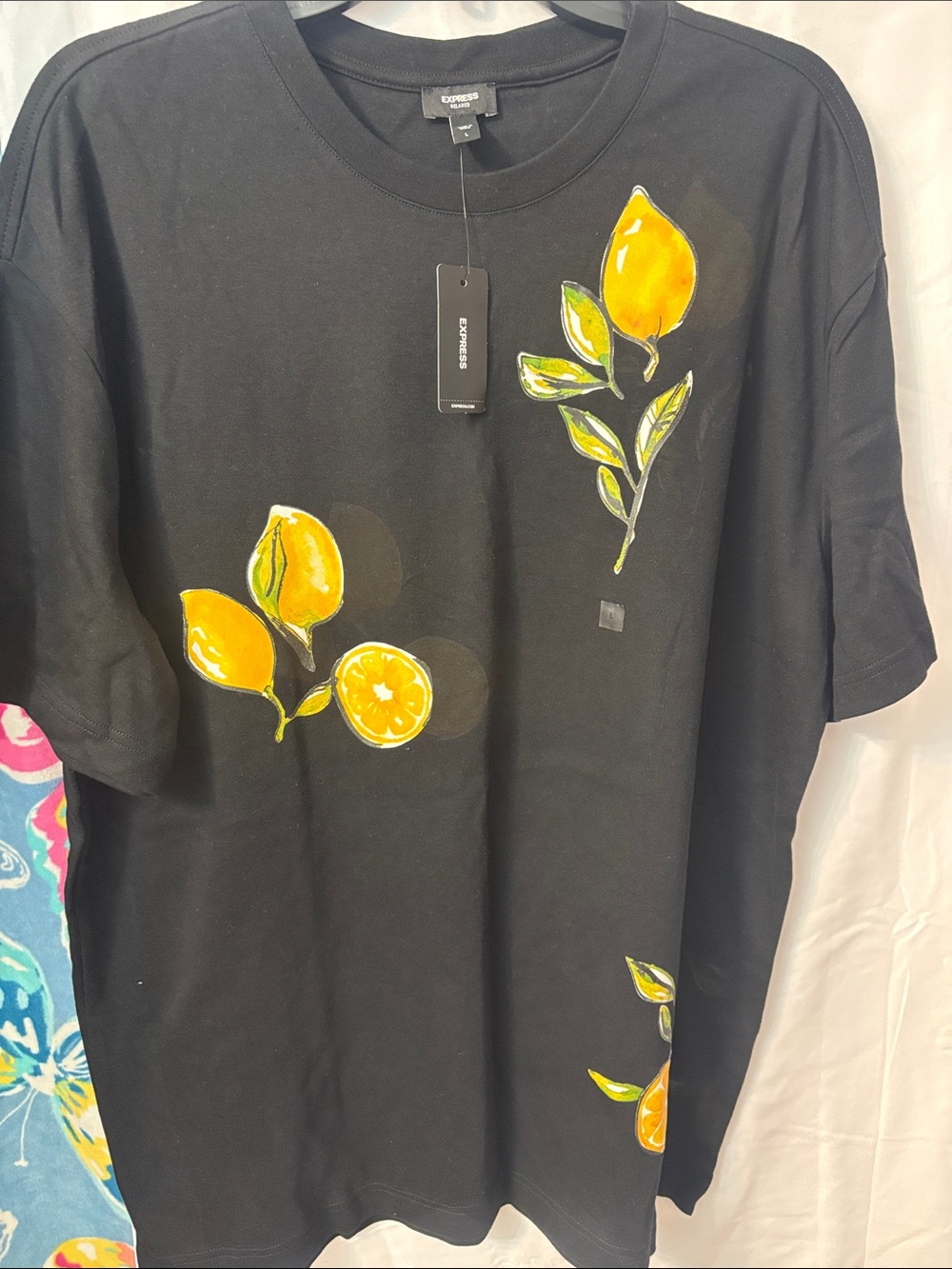 Express Black Short Sleeve Tee with Yellow Lemon Motif